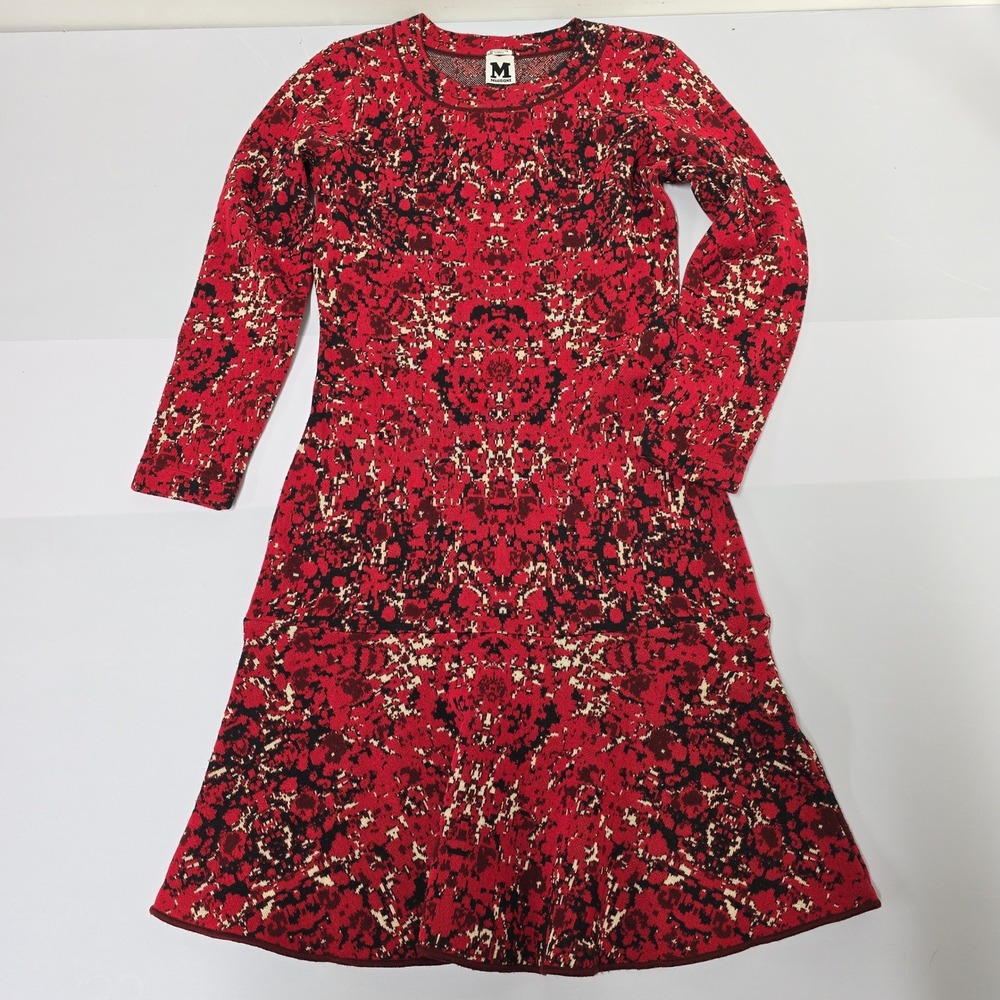 M Missoni Womens Red Abstract Knit Long Sleeve Fit and Flare Dress‎ Size 38